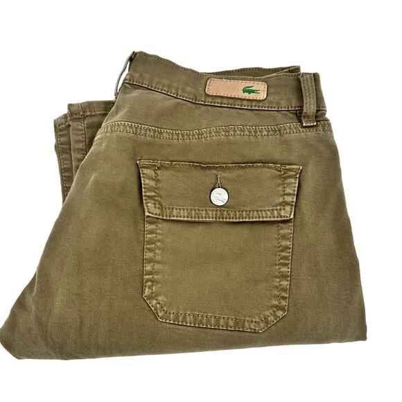 Lacoste Chino Pants Womens 30x32 ACTUAL EU 44 Khaki Tan Flap Button Pockets - Picture 1 of 11